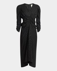 Albini Polka-Dot Ruched Sleeve Midi Dress