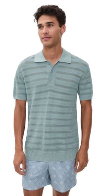 Frescobol Carioca Vidal Cotton Jacquard Wave Short Sleeve Buttoned Polo Coastal Blue L