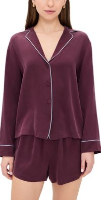 Lunya Washable Silk Piped Button Up Long Sleeve and Shorts Pajama Set Vintage Merlot/Frosted Lagoon XS