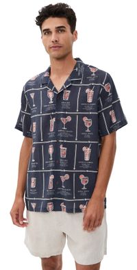 Marine Layer Archive Tencel Linen Resort Shirt Navy Happy Hour Print L