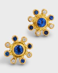 19K Yellow Gold Halo Stud Earrings with Blue Sapphires, Diamonds and Butterfly Backs
