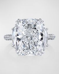 Platinum 3 Stone Ring with Diamond Cushion, Diamond Trapezoid Sides and 3 Row Micro Pave Shank, Size 6.5, 11.64tcw
