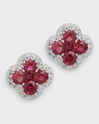 18K Ruby and Diamond Flower Stud Earrings, 1.60tcw, 0.4"L / 0.4"W