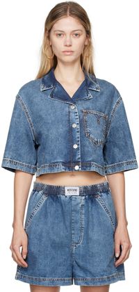 Moschino Jeans Blue Heart Pocket Cropped Shirt