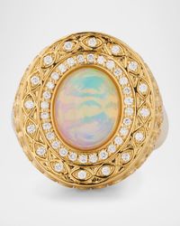 14K Yellow Gold Marquise Eye Opal Cabochon Signet Ring with Diamonds