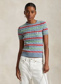 Polo Ralph Lauren - Pull droit en coton rayé - Taille L - Bleu