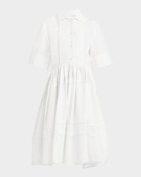 Pleated Short-Sleeve Tiered Midi Shirtdress