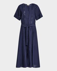 Lace-Inset Pintuck Linen Midi Shirtdress