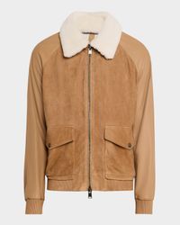Men's Maduroy Shearling-Collar Corduroy and Leather Jacket