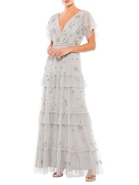 Women's Beaded Tiered Tulle Gown - Platinum - Size 16