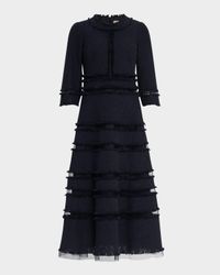 3/4-Sleeve Fringed Tulle-Inset Midi Dress