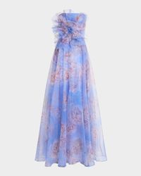 Kimberly Strapless Floral-Print Organza Gown