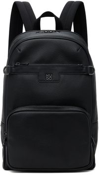 Hugo Black Grained Faux-Leather Stacked Logo Trim Backpack