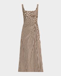 Plaid Taffeta Ruched Sleeveless Midi Dress