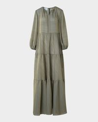 Long-Sleeve Tiered Silk Batiste A-Line Maxi Dress