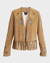 Embroidered Suede Fringe Open Jacket