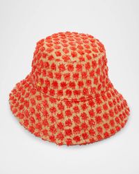 Dotted Raffia Long-Brim Bucket Hat