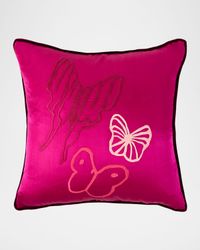 Hand-Embroidered Silk Pillow with Velvet Back, 22" Square