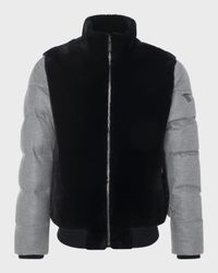 Men's Mixed-Media Lamb Shearling Quilted Bomber Jacket