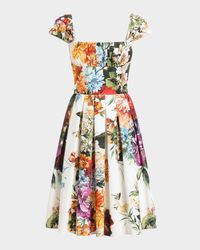 Floral Bouquet Popeline Cap-Sleeve Pleated Dress