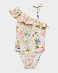 Girl's Lucky Floral-Print Frill Swimsuit, Size 1-12