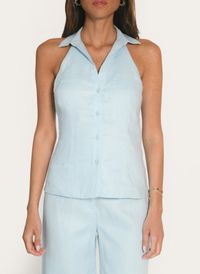 Kookai - Chemsie col classique en lin - Taille 42 - Bleu