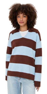 English Factory Stripe Rugby Collared Sweater Brown/Powder Blue S