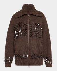 Sequined Net Stitch Cashmere Zip Cardigan