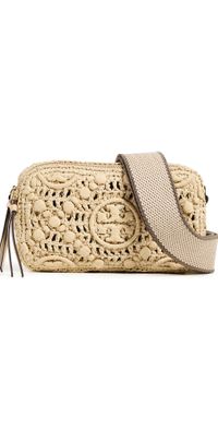 Tory Burch Miller T Monogram Raffia Mini Crossbody Bag Natural One Size