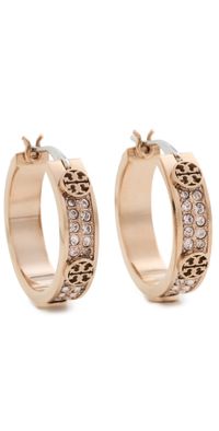 Tory Burch Small Icon Pave Hoop Earrings Rose Gold/Pink One Size