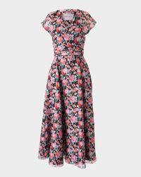 V-Neck Floral Silk Cap-Sleeve Midi Dress