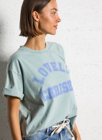Le Temps Des Cerises - Tee-shirt droit col rond sérigraphié en coton - Taille XL - Bleu