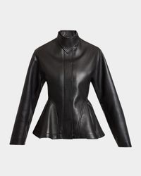 High-Neck Leather Peplum Jacket