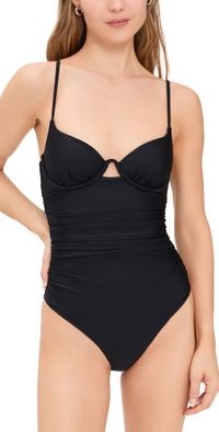 SIMKHAI Laine Draped Satin Swimwear Ruched Cup Underwire Swimsuit Black M