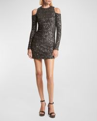Sequin Cold-Shoulder Long-Sleeve Mini Dress