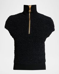Short-Sleeve Textured Wool Zip Top