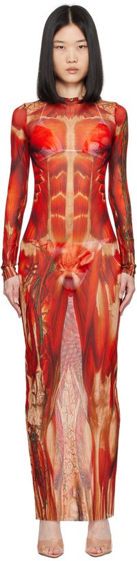 Jean Paul Gaultier Robe longue rouge à motif Écorché - Fashion Fiction