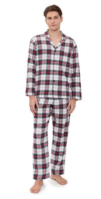 Eberjey Flannel Mens Long Pj Set Tartan Plaid Ivory/Holly Red L