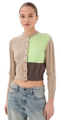 3.1 Phillip Lim Mixed Cables Long Sleeve Cropped Crew Neck Cardigan Beige Melange Multi L