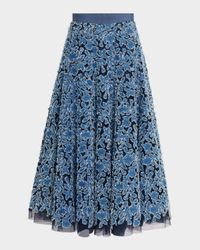 Denim Embroidered Tulle Midi Skirt