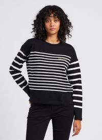 Maison Labiche - Pull col rond à rayures en coton biologique - Taille L - Noir