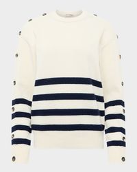 Buttoned-Sleeve Striped Crewneck Sweater