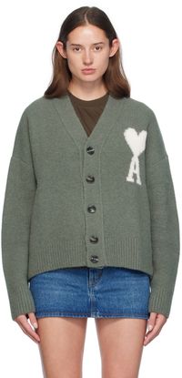 AMI Paris Green Ami de Cœur Cardigan