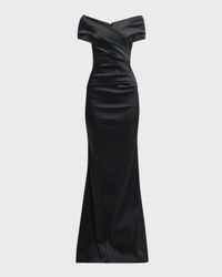 Pleated Off-Shoulder Satin Column Gown