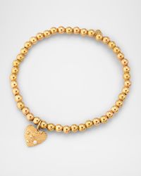 14K Yellow Gold Fluted Heart Charm Bracelet with Diamonds