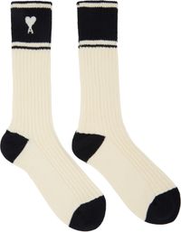 AMI Paris Off-White Cotton Ami de Coeur Striped Socks