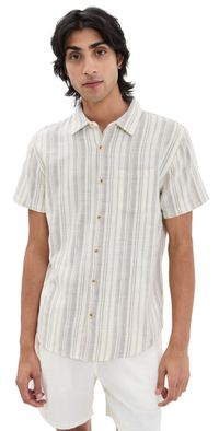 Marine Layer Classic Stretch Selvage Shirt Cream/Olive Stripe S