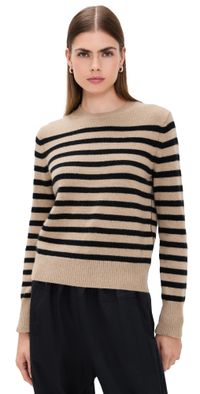 White & Warren Cashmere Striped Crewneck Khaki/Black L