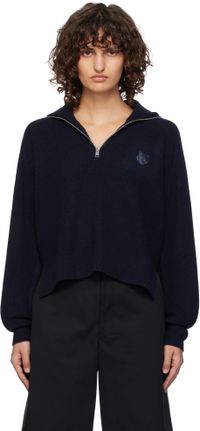 Maison Kitsuné Navy Bold Fox Head Patch Half Zip Ribbed Sweater