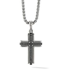 Men's Pavé Black Diamond Sterling Silver Deco Cross Pendant - Silver